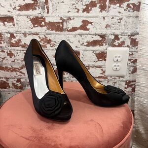 Badgley Mischka Black Satin Peep-Toe Pumps with Rosette detail